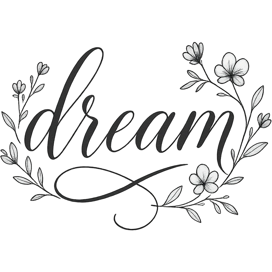 the word 'dream' in elegant calligraphy with floral accents, no background emoji