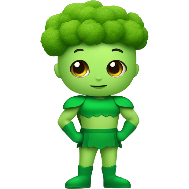 kawaii cute funny mini superhero with green clothes and a broccolis as hair,  full body saying hello emoji