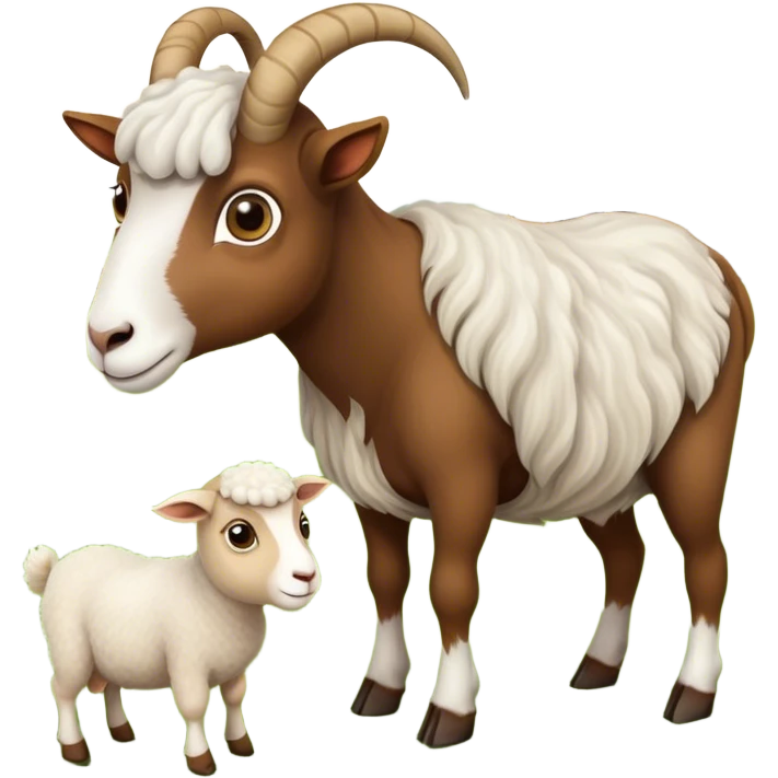 Icon for Domestic Hooved Animals: A gentle collage featuring a brown goat with large, curious eyes, a calm sheep with soft wool and a horse with a flowing mane. Background with a green pasture and a few hay bales. Transparent background. emoji