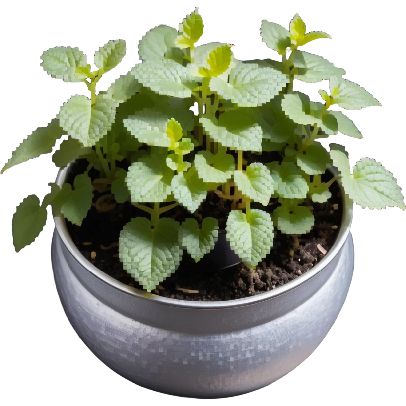 8-bit pixel art of small Plectranthus Verticillatus sprouts with round circular leaves in a shiny metallic planter emoji