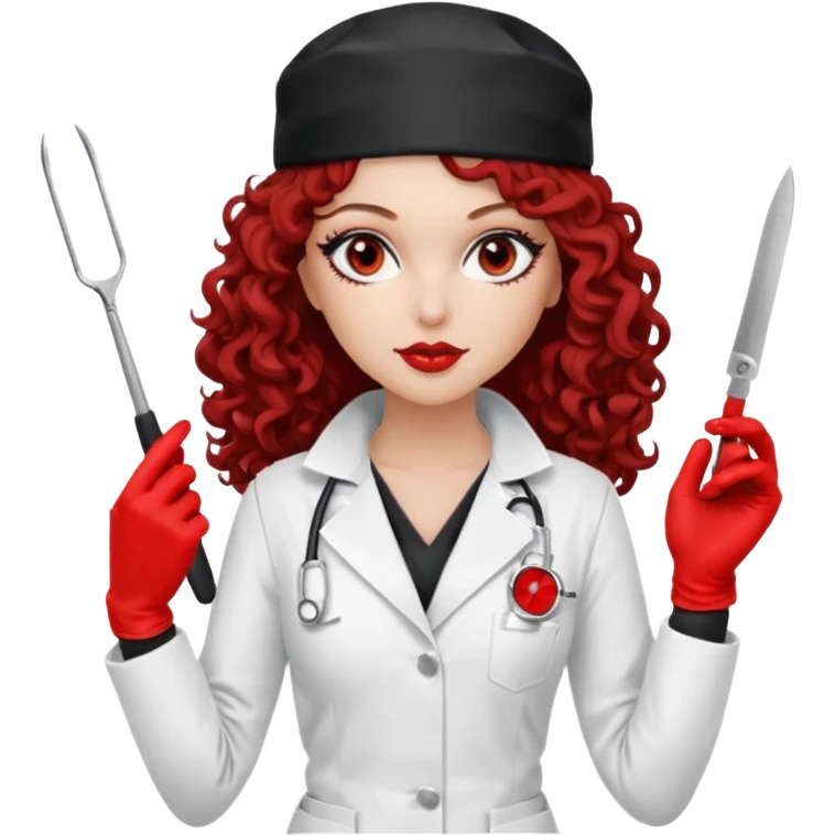 


Scary woman scalpel in hand, evil surgeon sexy surgeon clothes.  She has redcolored  eyes. Her  hair only is free ne brown long curly hair. Wears sexy doctor outfit with red gloves. make her wear full ski mask yo mask and nose mouth mask  to hide. Wears white surgeon coat, wears  stilettos emoji