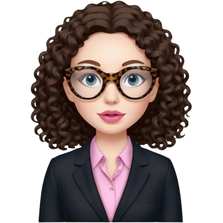 A girl with white pale skin, blue eyes, full lips, brunette long curly hair. She has a leopard print round-ish shaped glasses. She is wearing a all black suit with light pink blouse inside the suit. She is making a self care face mask  emoji