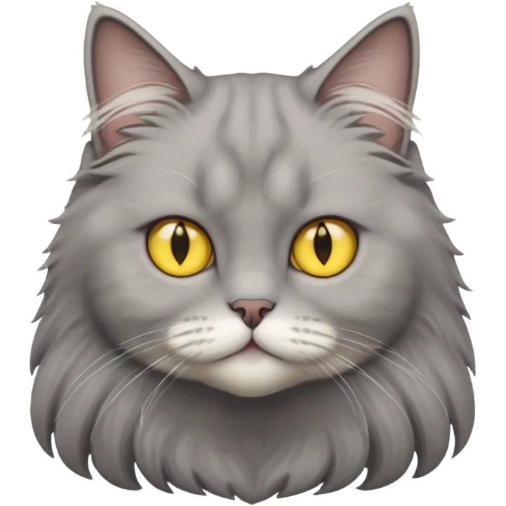 grey fluffy british long hair cat with yellow eyes cuteer without furr in the ears emoji