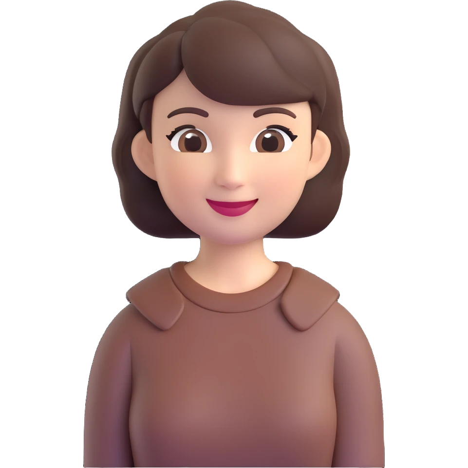 memoji-style lady with short dark brown hair, cheerful expression emoji