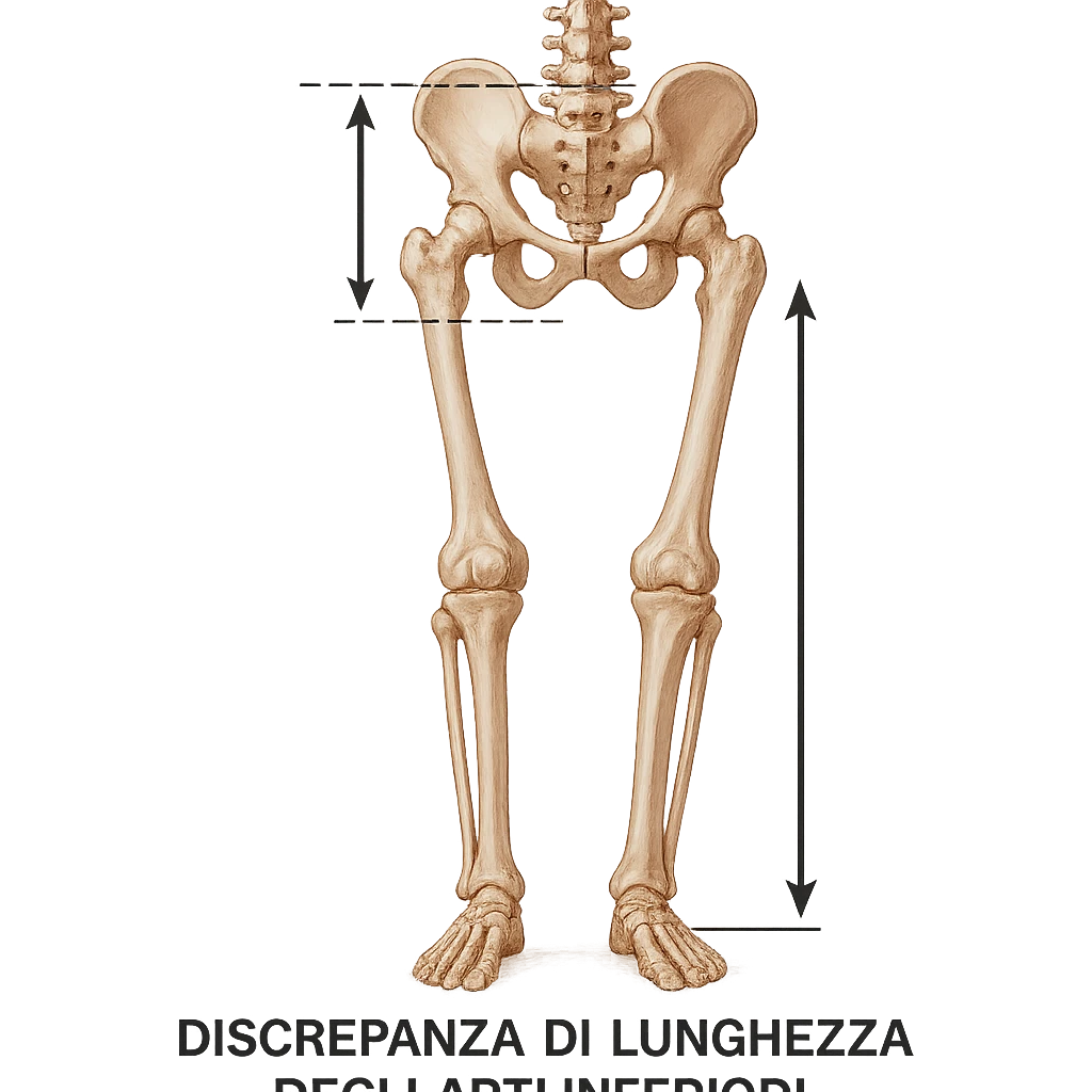 Medical style hyperrealistic posterior view highlighting the difference in leg length: one leg visibly shorter than the other, pelvis tilted for compensation. Add arrows, reference lines, and an anatomical caption in Italian to make the concept immediately understandable. Remove background. Variation 3. emoji