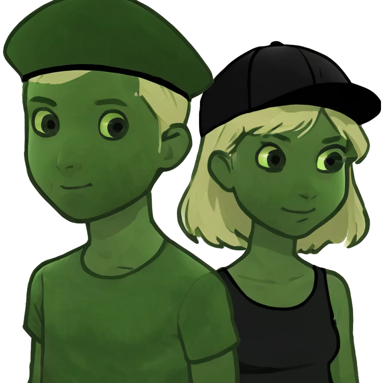 Girl with blonde hair and green eyes and a boy with black hair and green eyes emoji