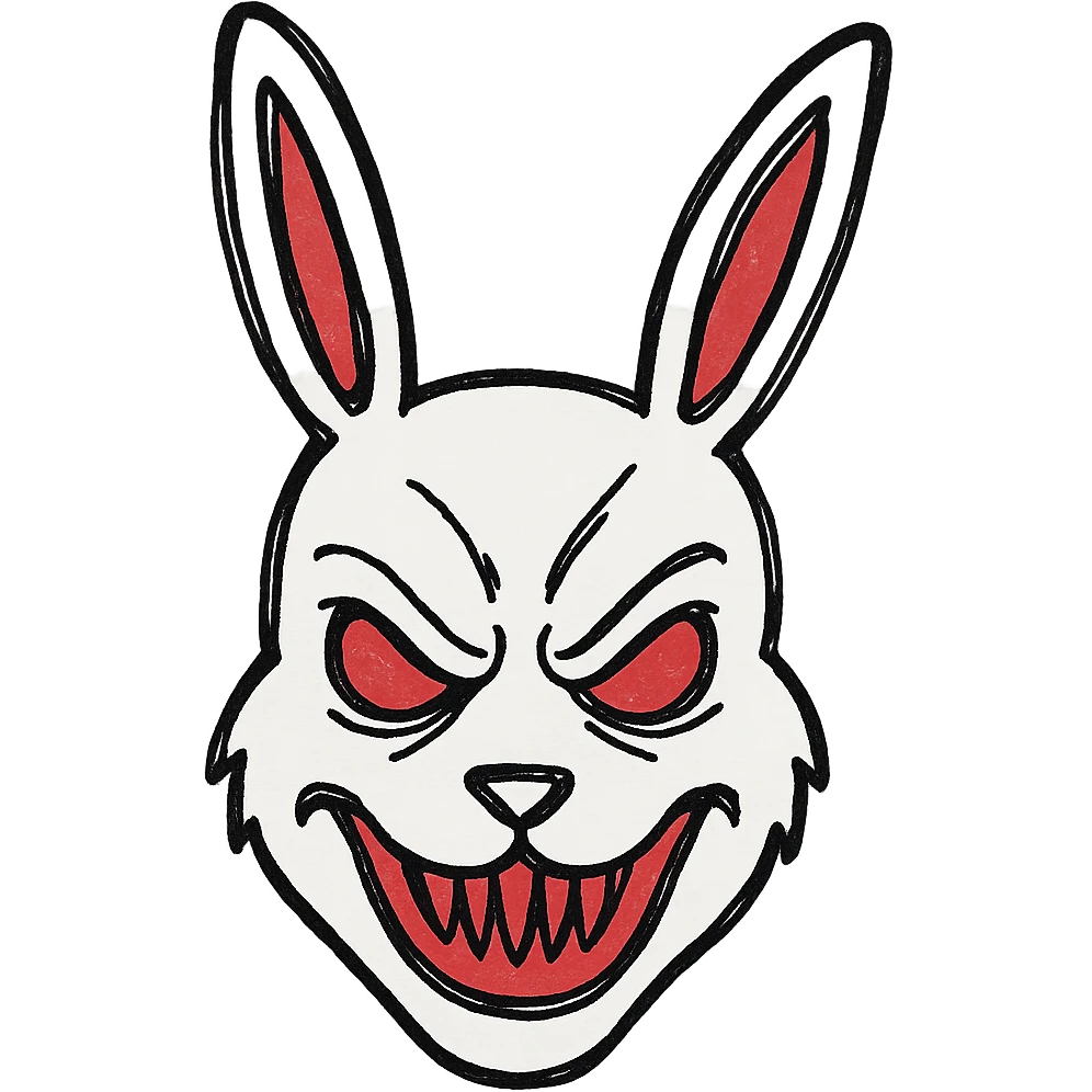 hand-drawn outline style evil white rabbit mask with red accents emoji