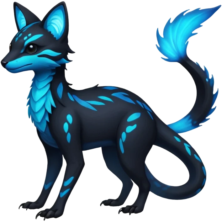 Rare realistic dark black with glowing blue bioluminescent edgy badass epic pretty beautiful handsome gorgeous aesthetic colorful vibrant Vernid-Trico-species-Fakemon-creature by LiLaiRa, 4 legs, 1 tail, random markings, (full body) emoji
