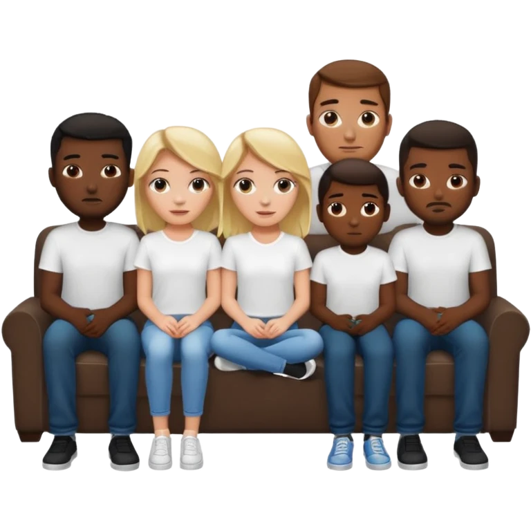 A white girl sitting alone on a couch with 5 black men in white shirts behind the couch emoji