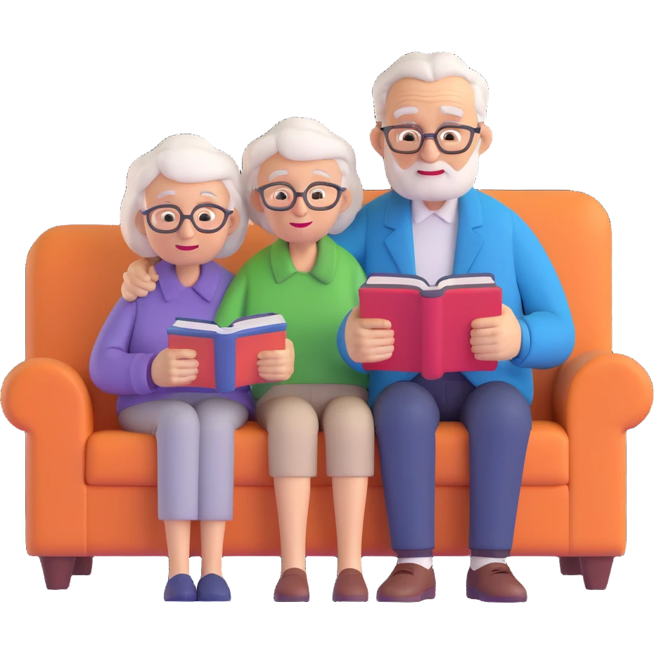 An elderly man combing the hair of an elderly woman sitting on a sofa reading a book emoji