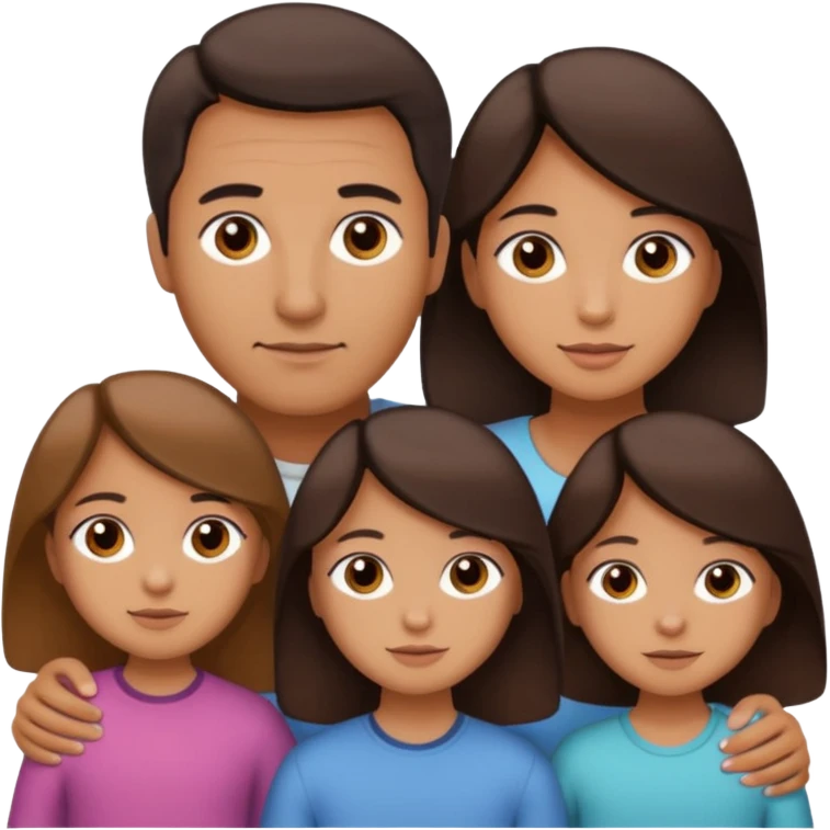 Family portrait with father with dark brown hair and black eyes, mother with light brown hair and brown eyes, three brown little girls with brown eyes emoji