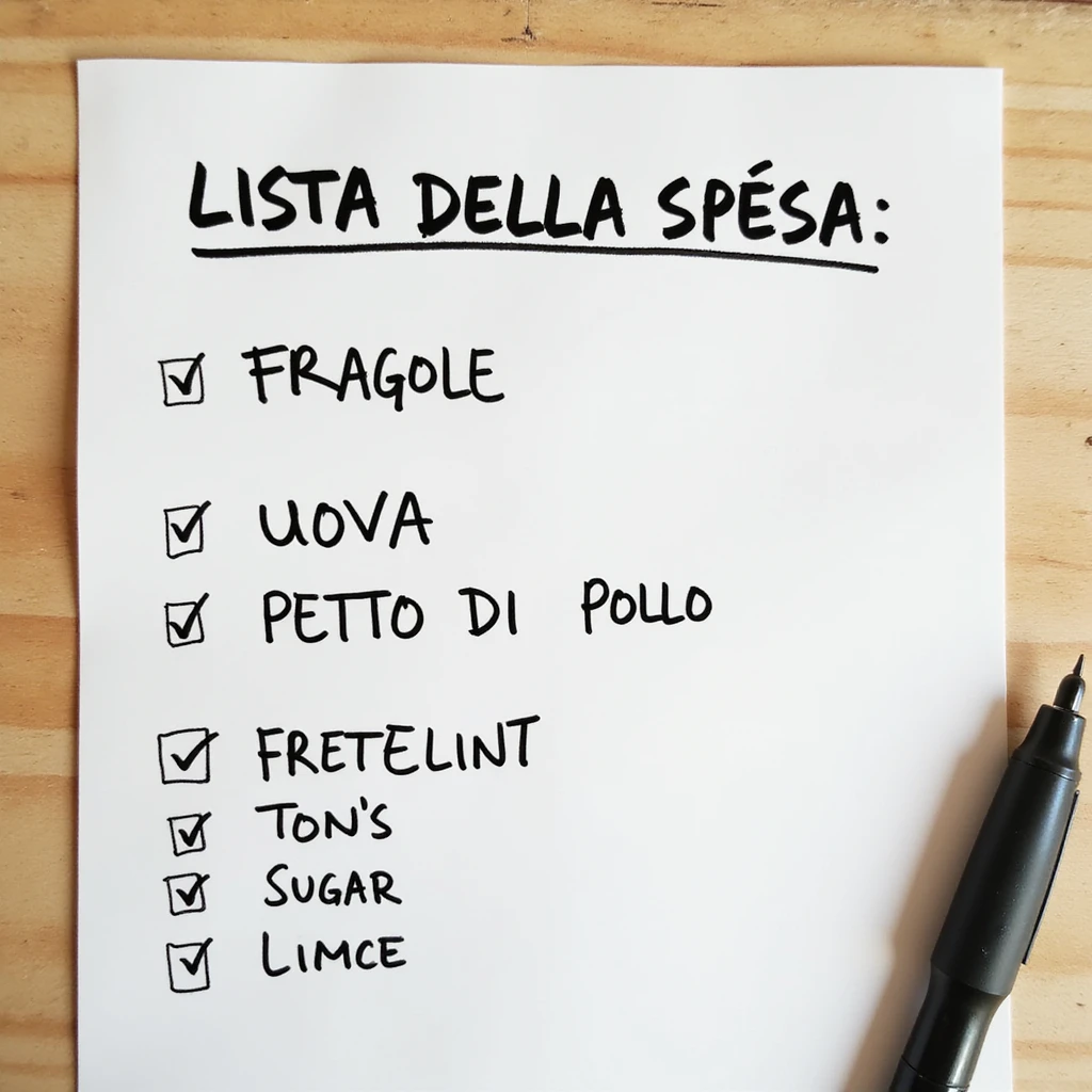 top view of a sheet of paper with handwritten shopping list in pen: 'LISTA DELLA SPESA: - FRAGOLE - UOVA - PETTO DI POLLO', with check marks on already purchased items, hyperrealistic 4K, no background emoji