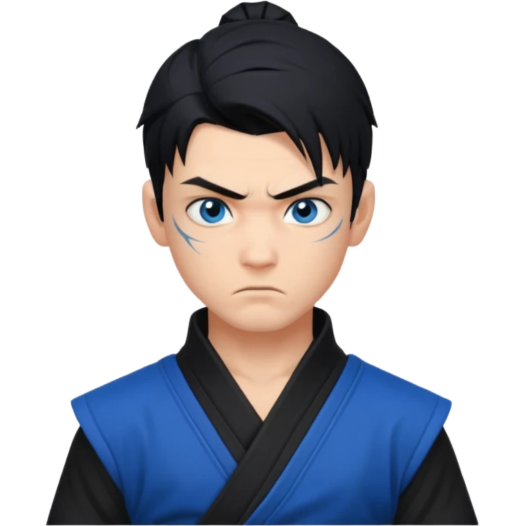 ninja boy, black modern hair, blue eyes, tattos emoji