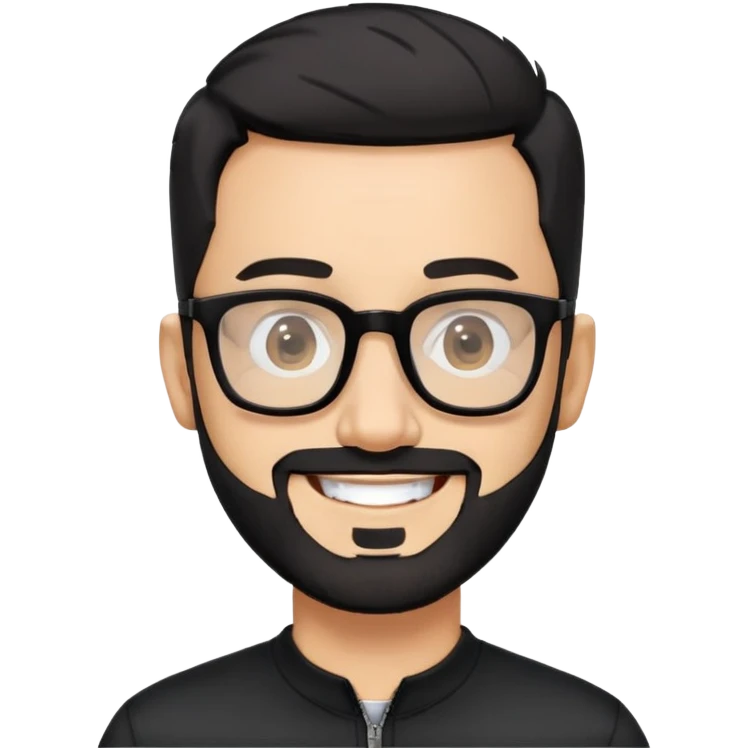 Light-skinned man with extremely short black hair, short clearly graying beard, big black glasses frames, happy smile, black long sleeve shirt with prominent zip at neck emoji