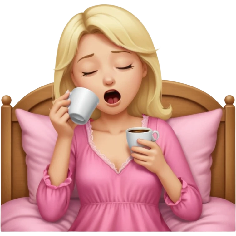 A blonde woman in a pink nightgown yawns, looking sleepy with dark circles under her eyes, drinking coffee, looking like she just woke up emoji