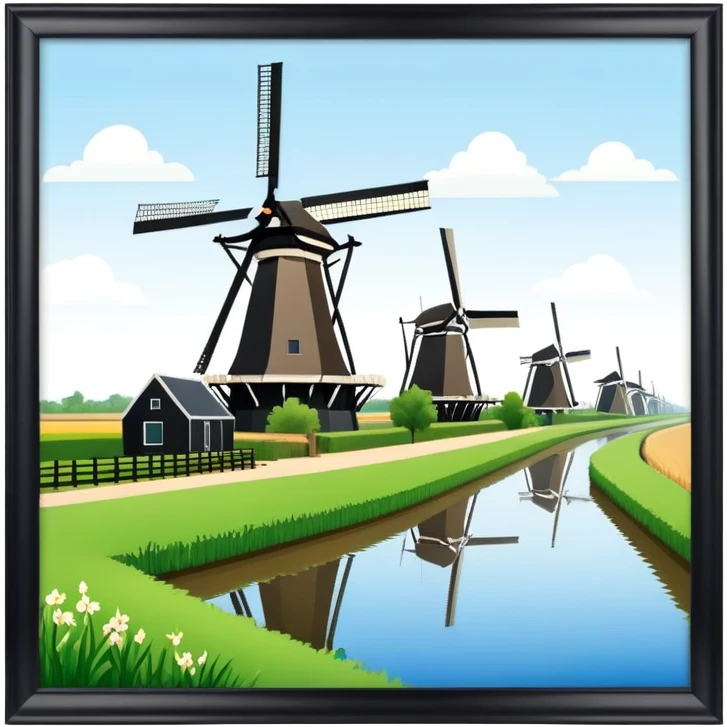 cinematic-realistic-kinderdijk-windmills-landmark-emoji,-showcasing-traditional-dutch-windmills-aligned-along-a-tranquil-canal,-with-lush-green-fields in a picture frame emoji