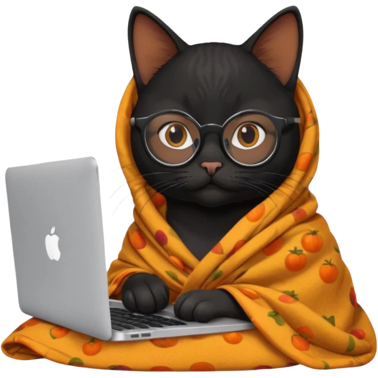 A black female cat working on a MacBook, with round frames and thin glasses, and she wears a blanket with an orange fruit pattern emoji