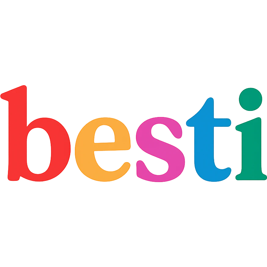 colorful modern text image with the word 'besti' in the center, varied colorful fonts, no emoji or face emoji