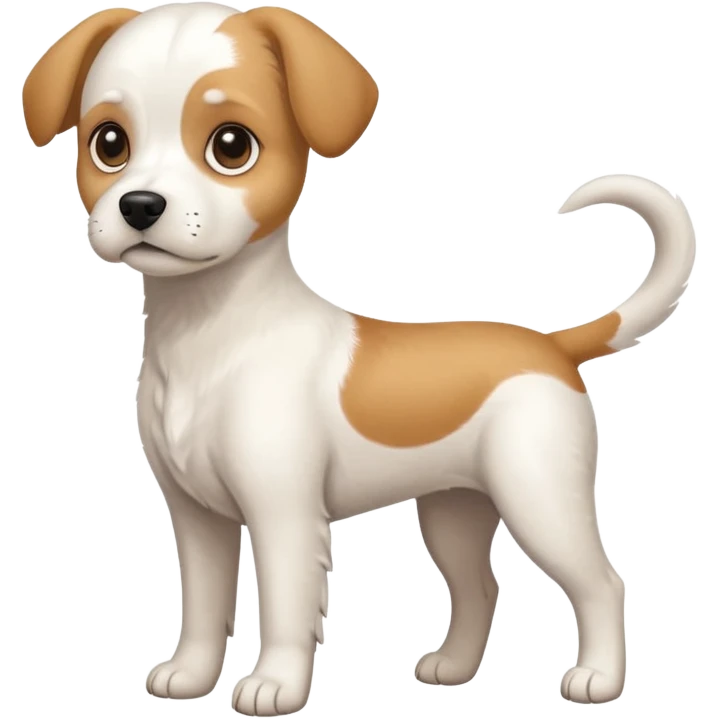 a full body white beagle x maltese x chi dog the size of a kelpie with light brown ears and a light brown patch on one eye emoji
