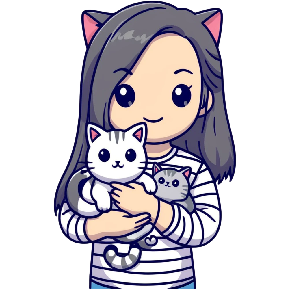 girl with long hair holding a cat with silver stripes emoji