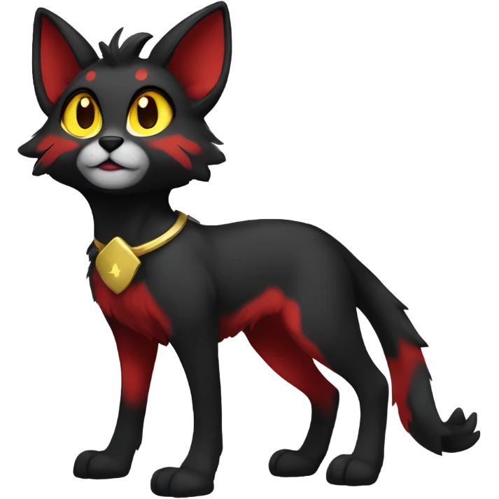 black Shiny Fionbri-Falvie-sparkle-sona with yellow eyes, red edgy markings full body fursona emoji