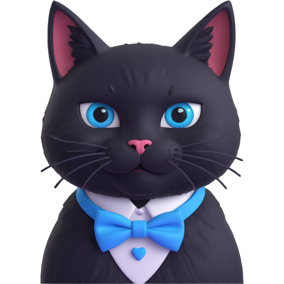 solid black cat no tuxedo with a blue bowtie collar, 3D cartoon style, semi-realistic fur texture, shiny eyes emoji