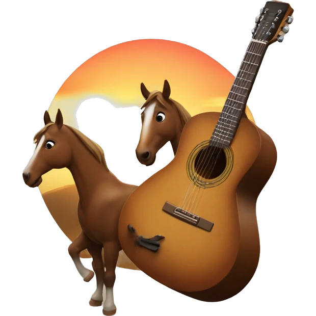 Un caballo ocando una guitarra al frente de un atardecer  emoji