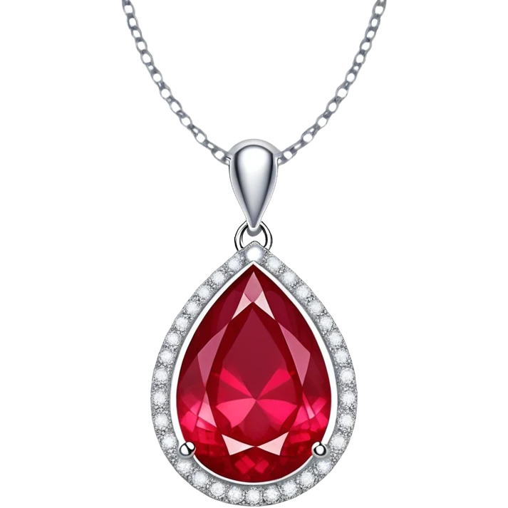 teardrop ruby pendant with silver chain, white stones, and luminous aura symbolizing renewal emoji