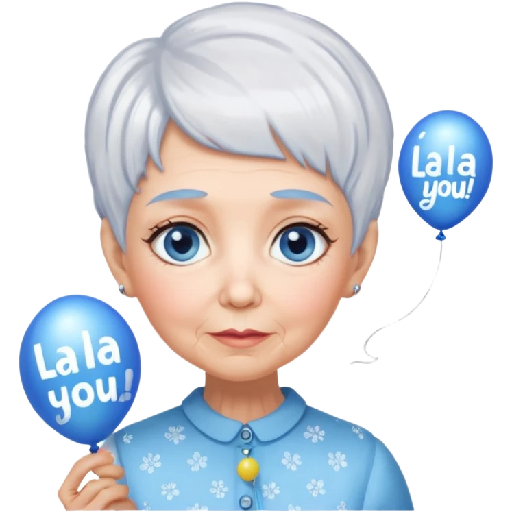 Grandma with big blue eyes, pixie cut white glitter hair, thin, holding a balloon that says Lala loves you!  emoji