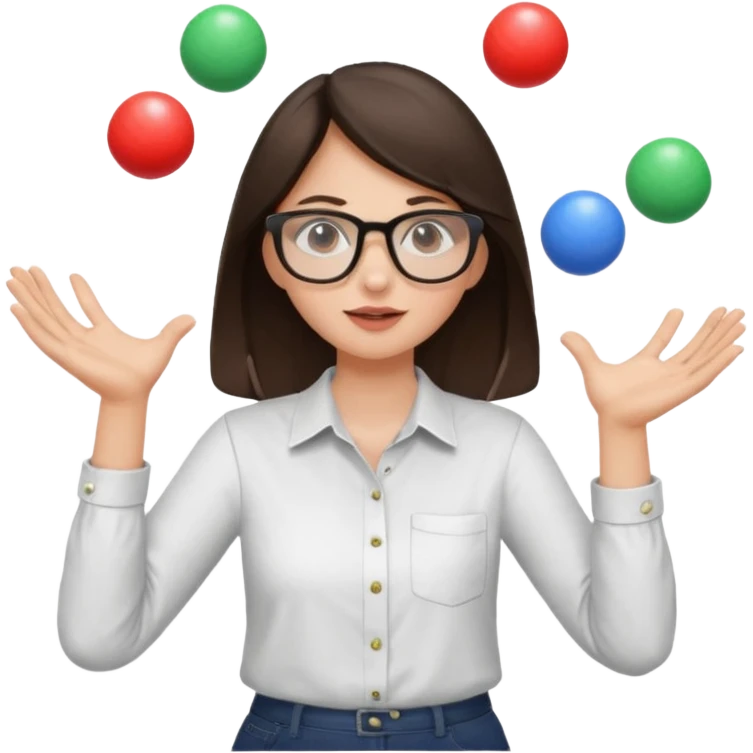 a brunette girl in a shirt and glasses  juggling  with two hands  emoji