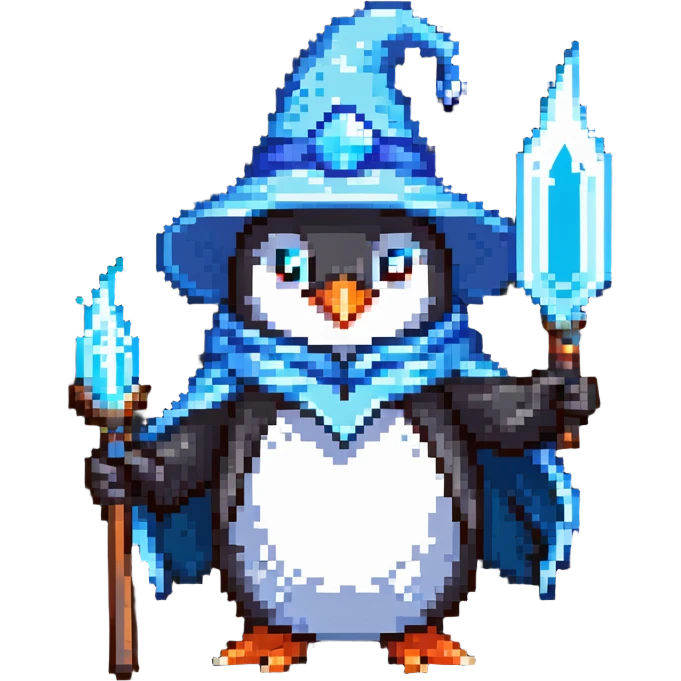 Penguin wizard casting an ice spell, with a pointed hat emoji
