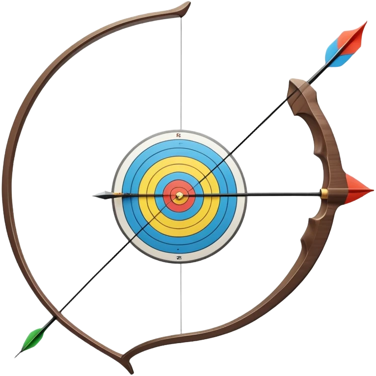 A professional recurve bow with an arrow nocked, ready to be released. The target features concentric rings, placed at a distance. The emphasis is on the bow, arrow, and target, highlighting the precision, focus, and skill involved in competitive archery. emoji