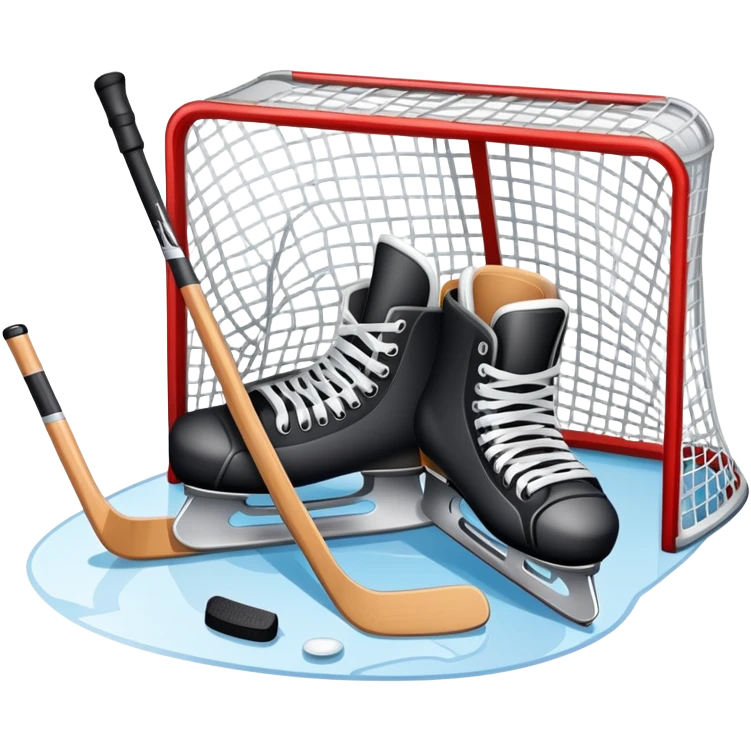 An icon showing a close-up of a hockey stick, puck, skates, and hockey net placed on the ice. The background features a packed stadium with bright lights, cheering fans, and snowy scenery outside. Transparent background highlights the key elements of the game. emoji