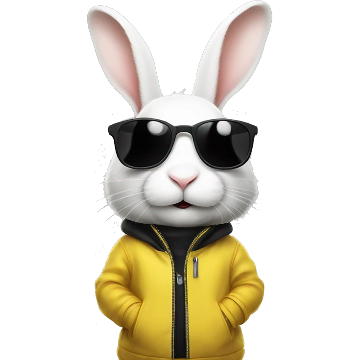 white rabbit in a yellow jacket and black sunglasses, with large ears and a curious expression, set against a black background with scattered white dots. emoji