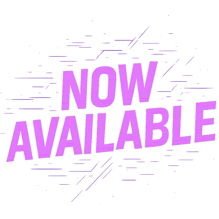 "now available" cyberpunk style text splash overlay lavender emoji