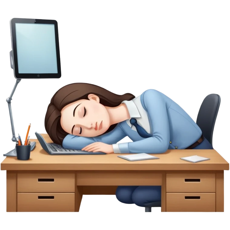 Exhausted office worker woman napping at plain desk, no computer emoji