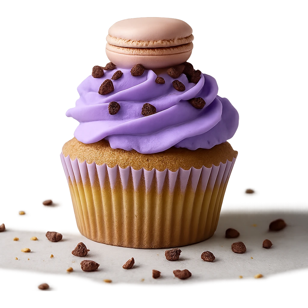 Change the icing to taro flavor with light purple color, creamy and slightly glossy texture, keep the realistic cupcake and accessories, photorealistic style, transparent background. emoji