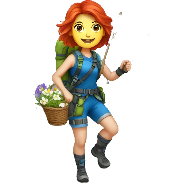 Female mountain climber red hair climbing with Greek flag and holding Easter eggs basket emoji