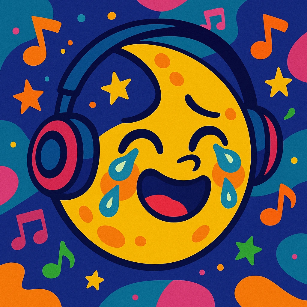 a moon listening to music and crying while smiling, whimsical style, colorful, playful, imaginative emoji