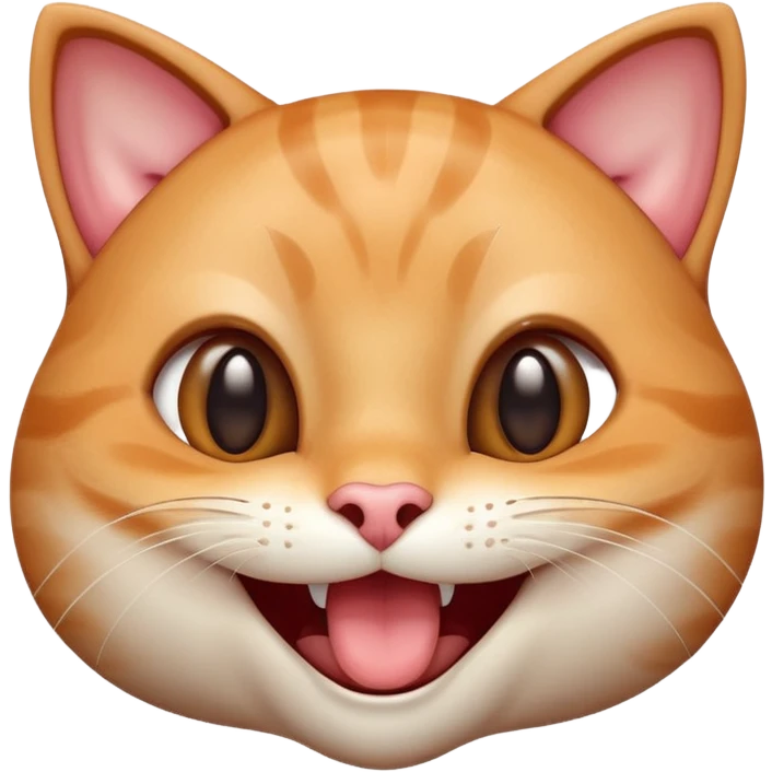 close-up of a smiling cat face with big shiny eyes, joyful expression, mouth open in a wide grin, glossy 3D effect, soft lighting, smooth gradients, high detail, isolated on white background emoji