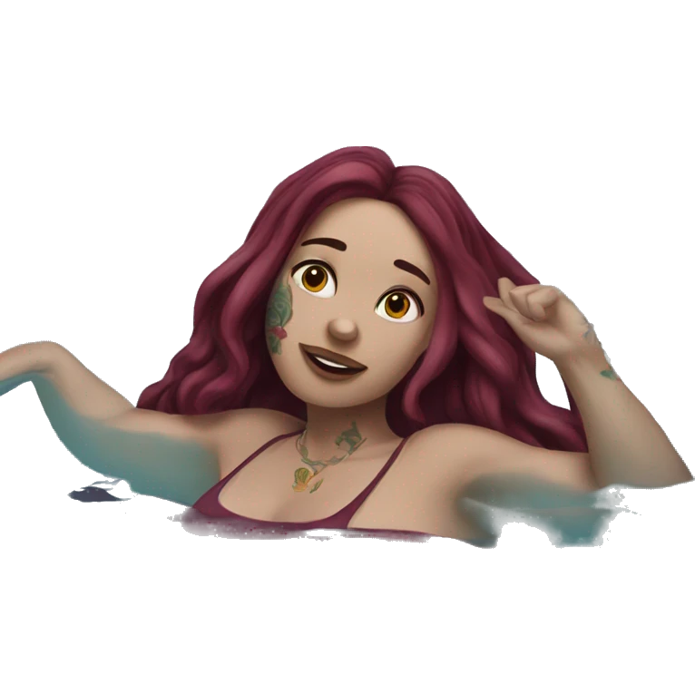 Beautiful tattooed  burgundy long haired woman swimming in a pool emoji