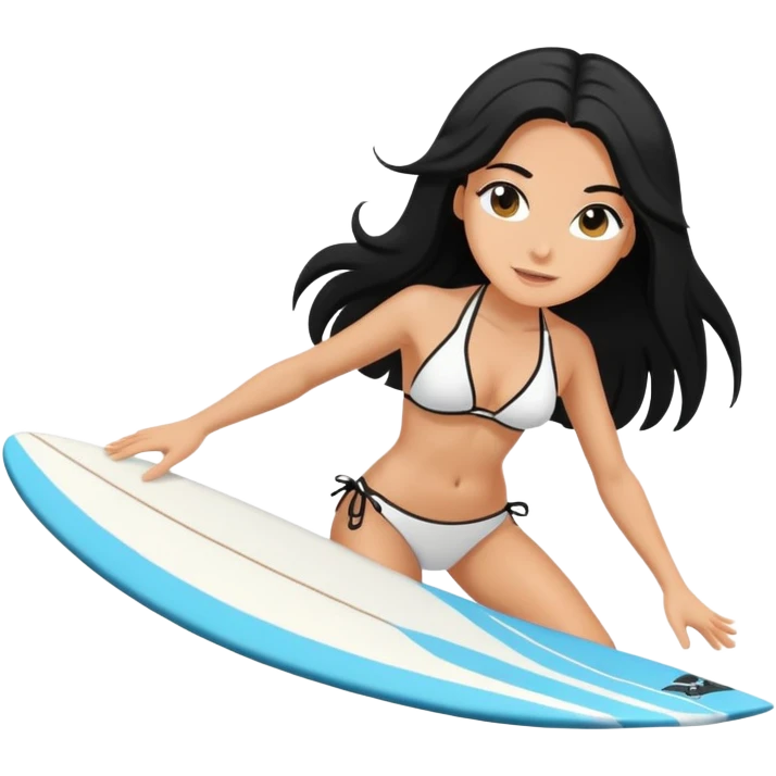 White girl with black long hair in white bikini surfing  emoji