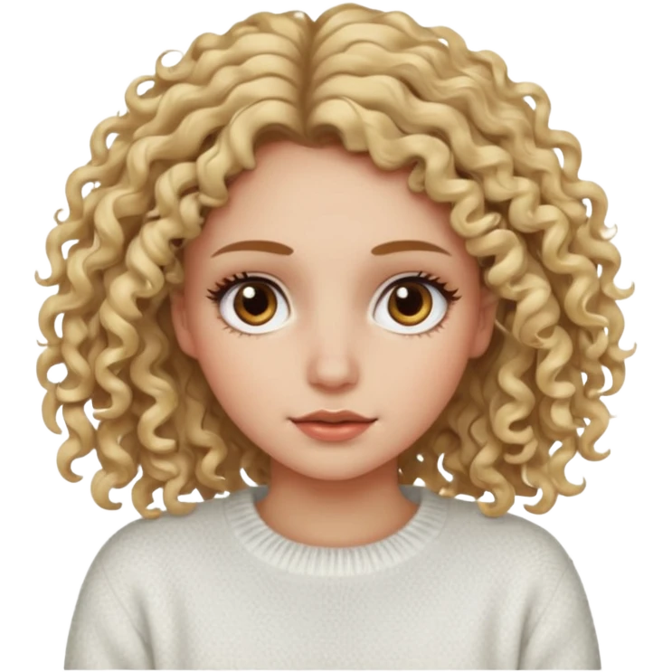 a dirty blonde girl with brown eyes and make her wearing a white sweater with curly hair and white skin color long har and big lashes emoji
