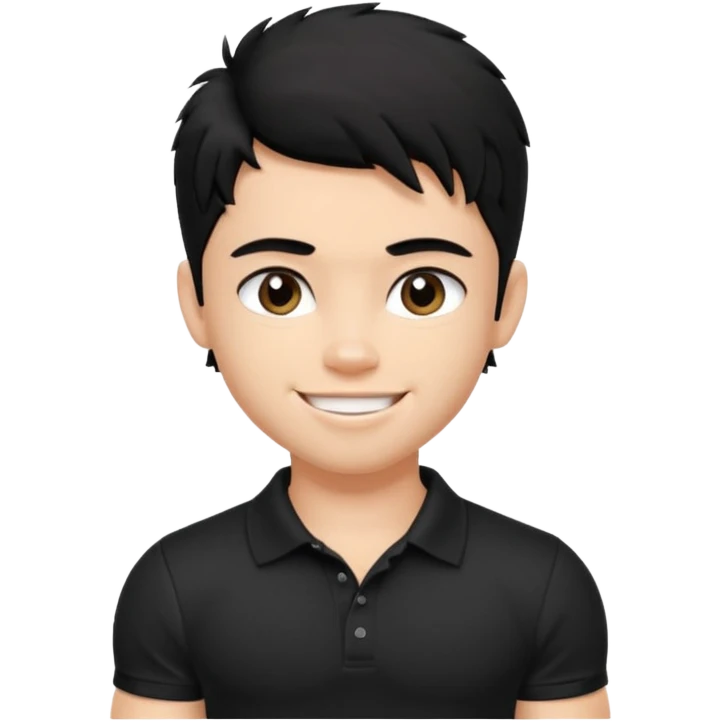 a pretty bratz fair lean muscles boy with a black polo shirt on. shaggy black hair. smiling emoji