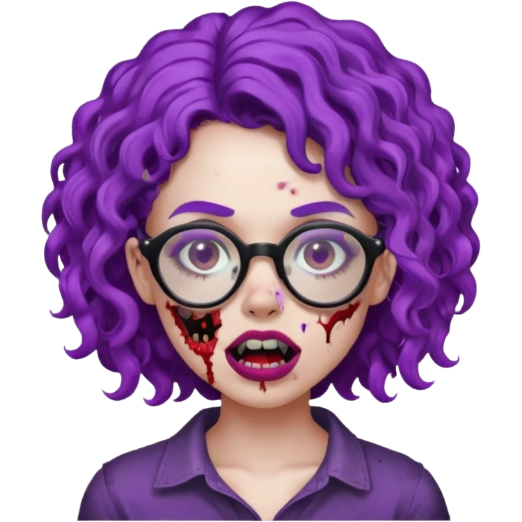 Crie uma garota zumbi com cabelo cacheado roxo, óculos preto e sardas com a boca meio cortada do lado emoji