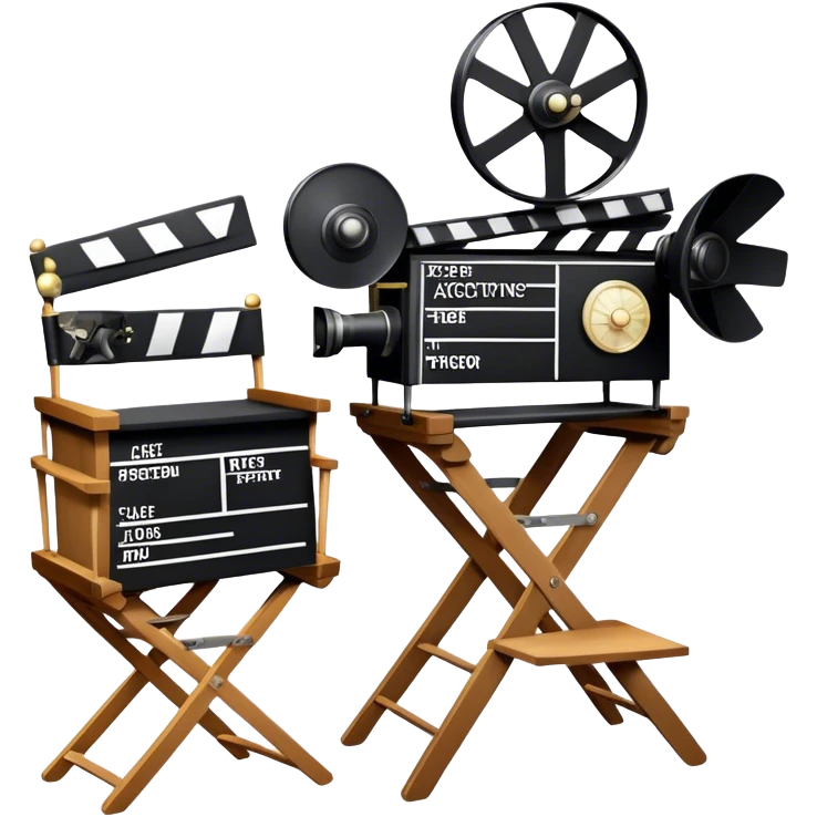 Icon for Acting: a theatrical mask, stage lights, a director’s chair, a script, a movie camera and a clapperboard, representing the craft of acting in theater and film. Famous actor-star. The design should reflect creativity, performance, and storytelling. Transparent background. emoji
