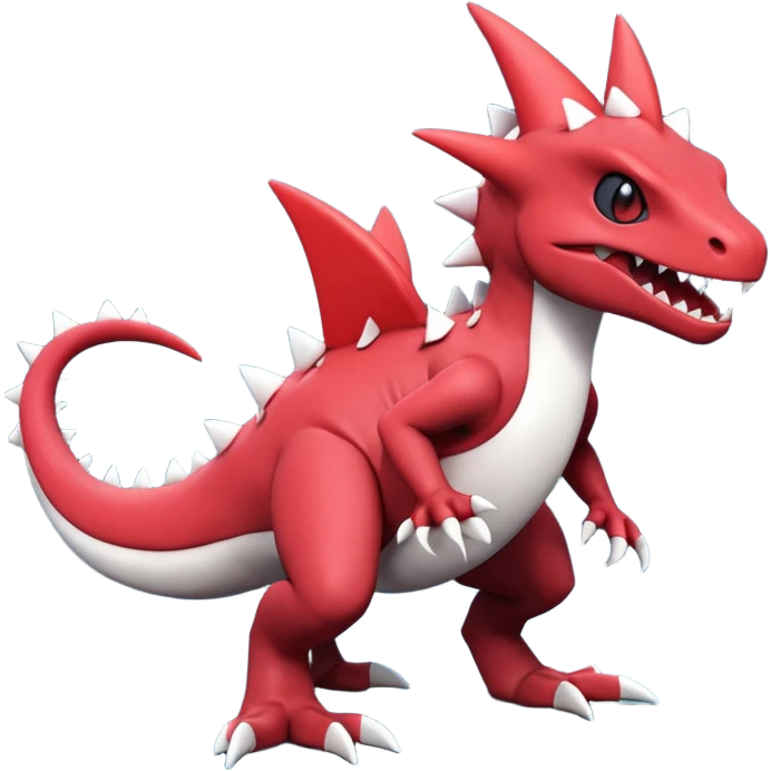 A 3D CGI model of a red-colored edgy kawaii Axew-Tyrantraum-Salandit-Fakémon-Pokémon-Digimon-creature (full body) emoji