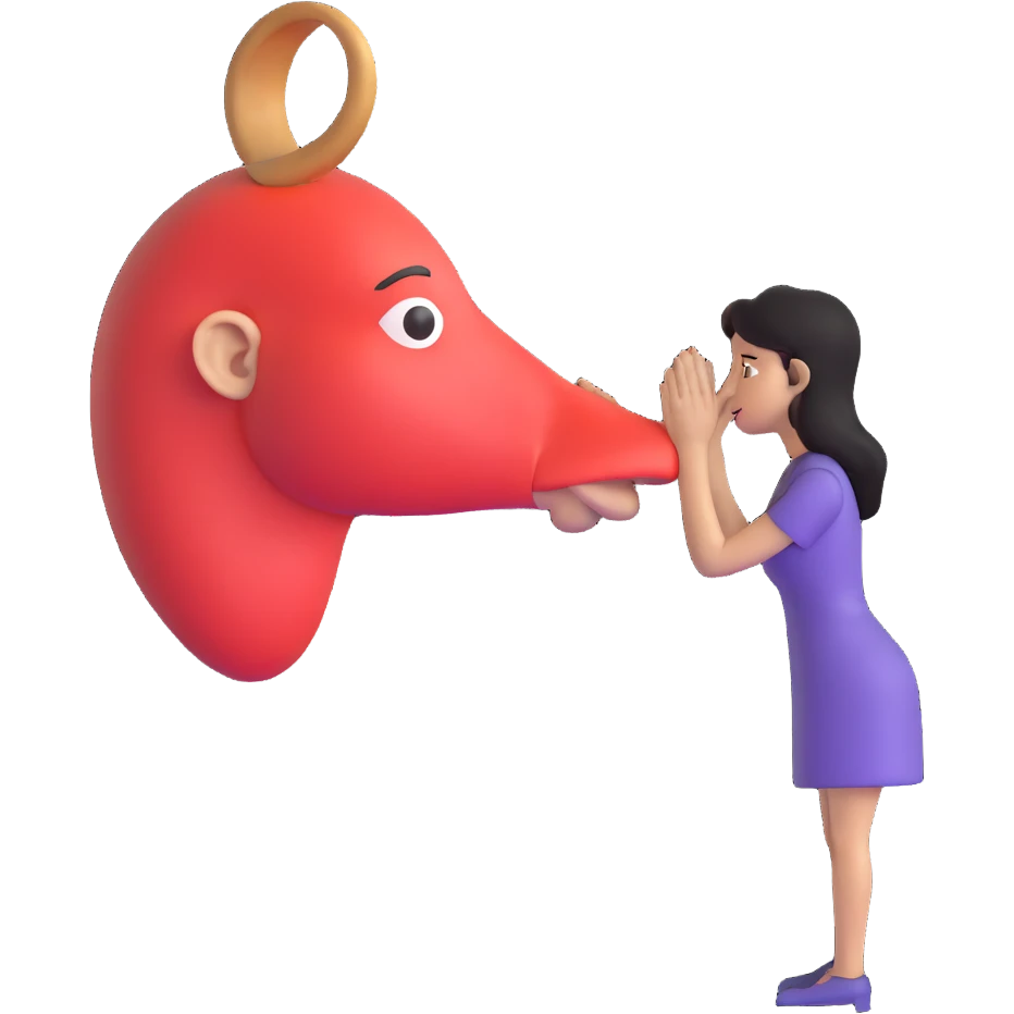 woman bowing on a giant nose emoji