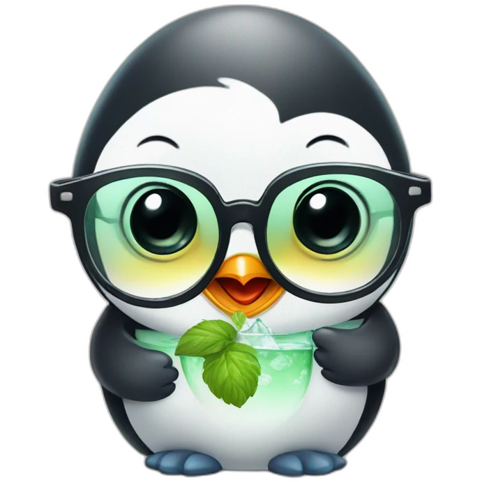 baby penguin with big glasses drinking mojito emoji