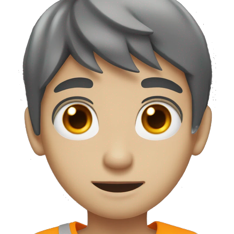 grey boy with orange horns, pointed teeth, yellow eye whites, and black hair emoji